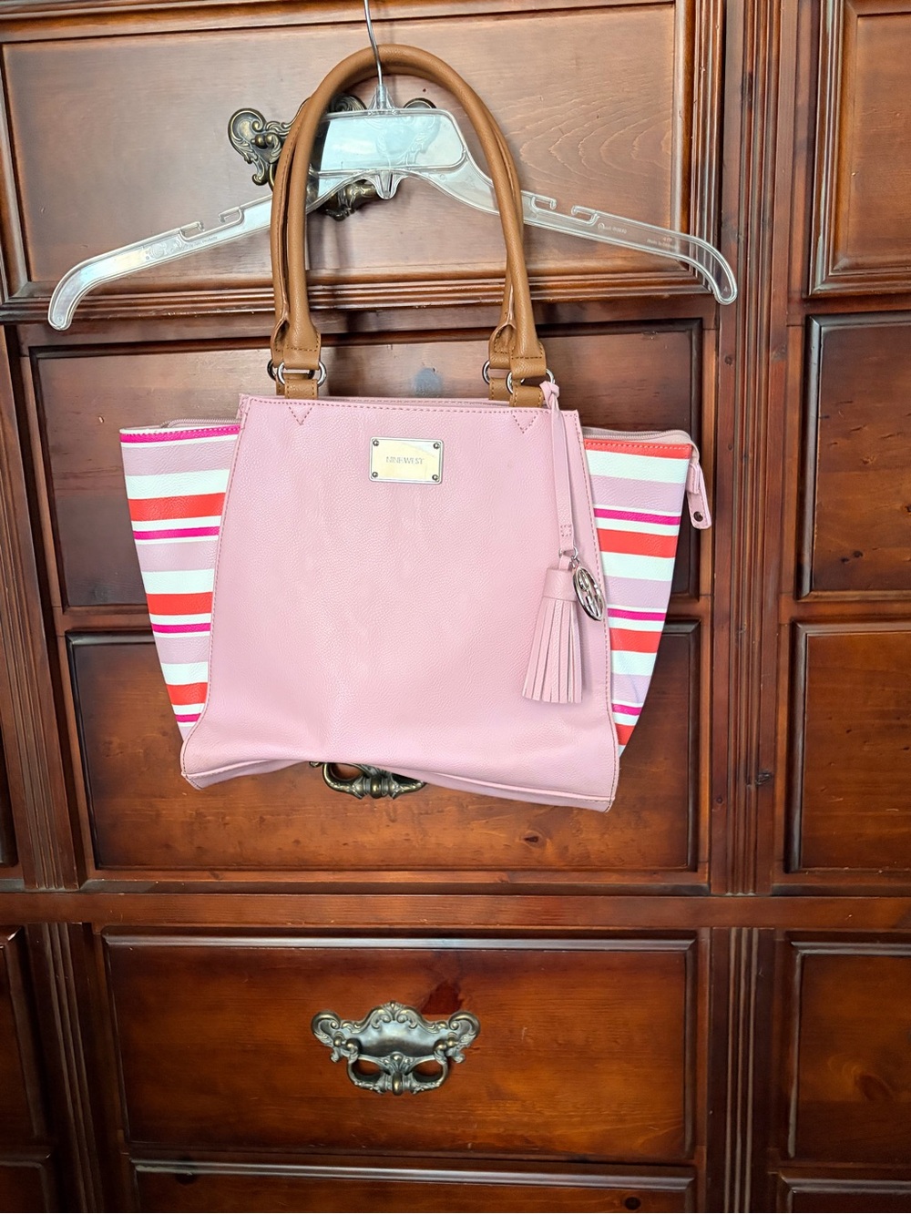 Nine West Pink Tote with Brown Handles and Multicolor Striped Sides
